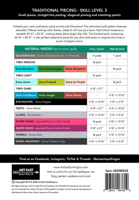 Back of the Dinorama - T-Rex on Roller Skates Quilt Pattern by Art East Quilting CO