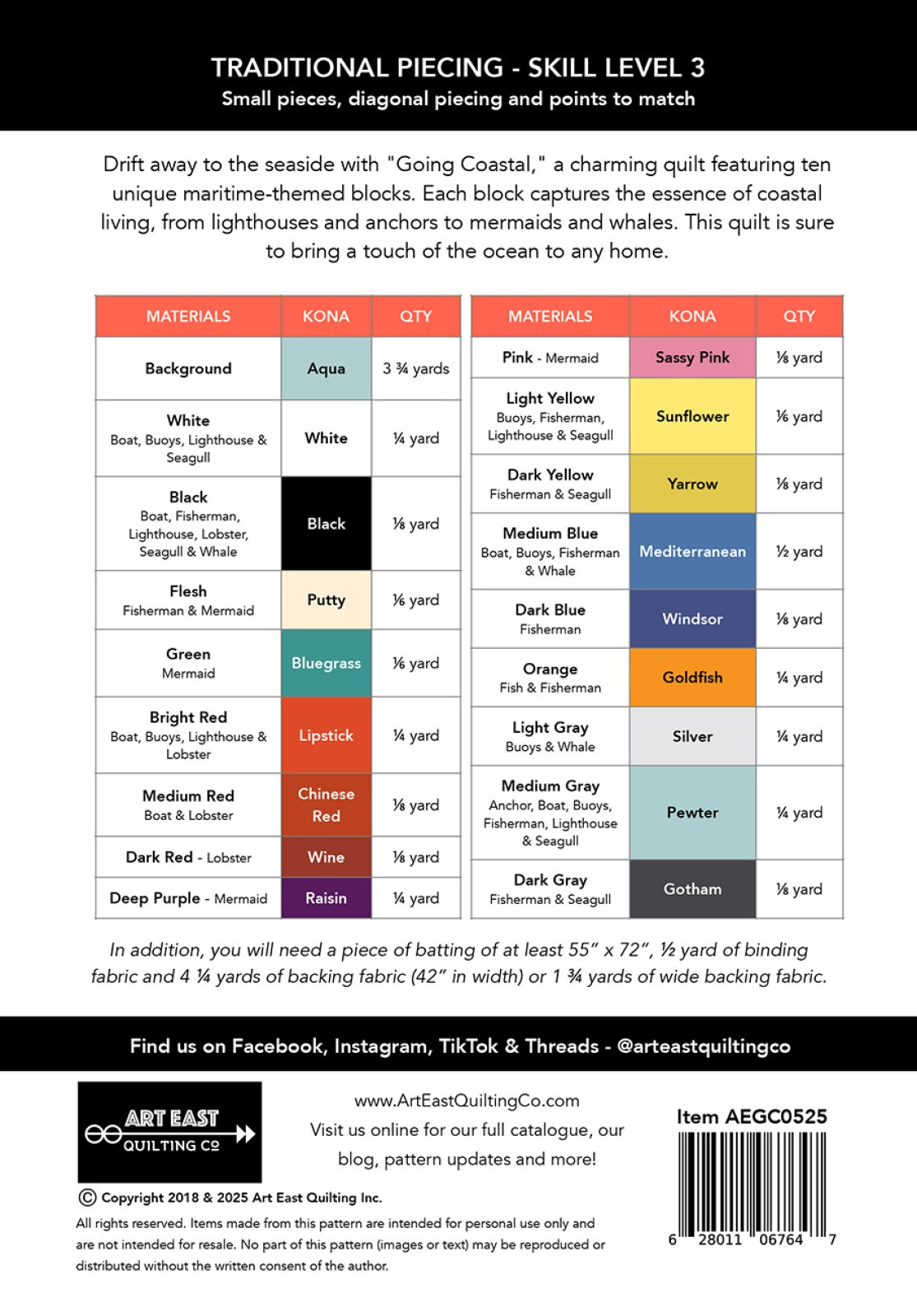 Back of the Going Coastal Quilt Pattern by Art East Quilting CO