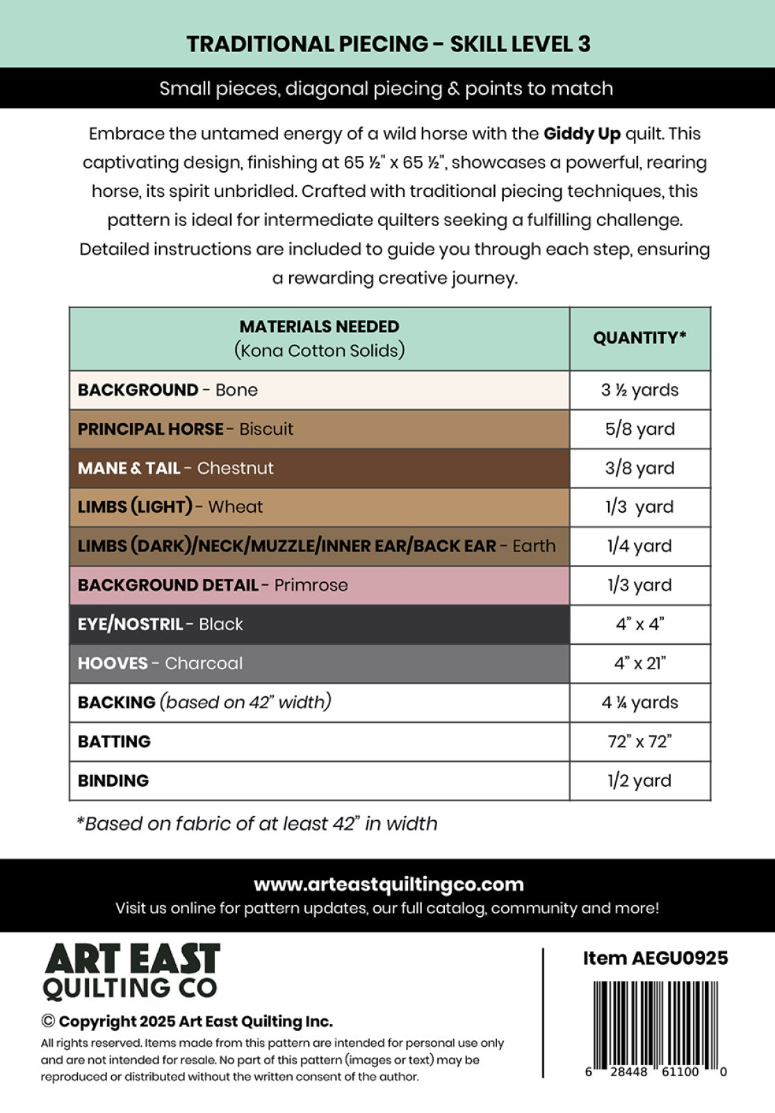 Back of the Giddy Up - A Horse Quilt Pattern by Art East Quilting CO