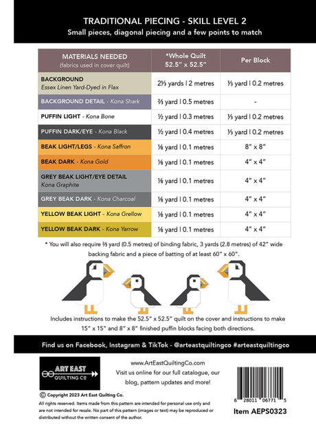 Back of the Puffin Star Quilt Pattern by Art East Quilting CO