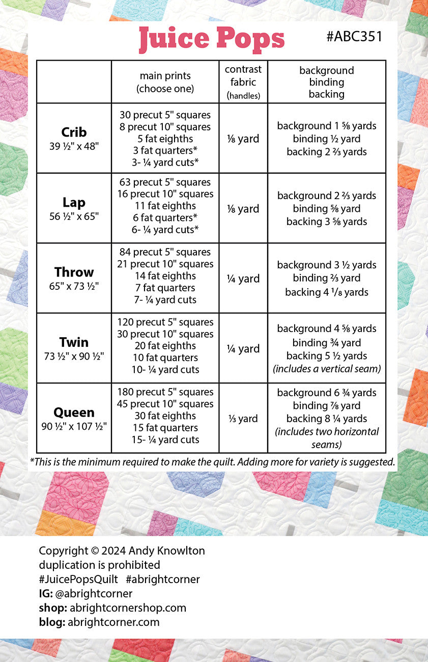 Back of the Juice Pops Quilt Pattern by A Bright Corner