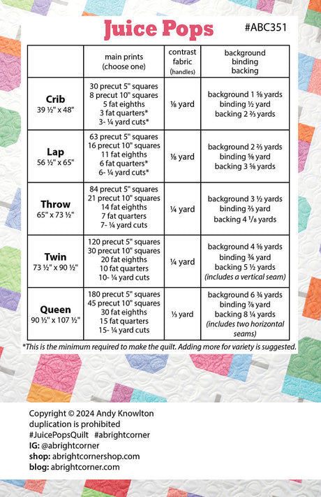 Back of the Juice Pops Quilt Pattern by A Bright Corner
