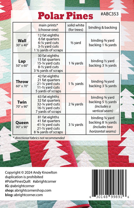 Back of the Polar Pines Quilt Pattern by A Bright Corner