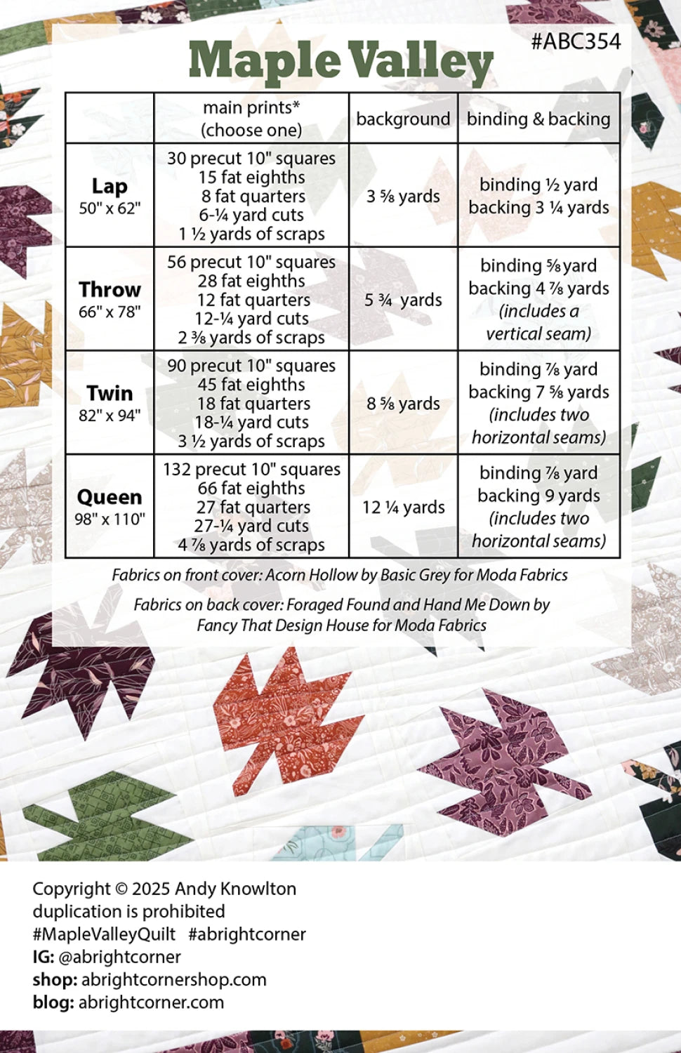 Back of the Maple Valley Quilt Pattern by A Bright Corner