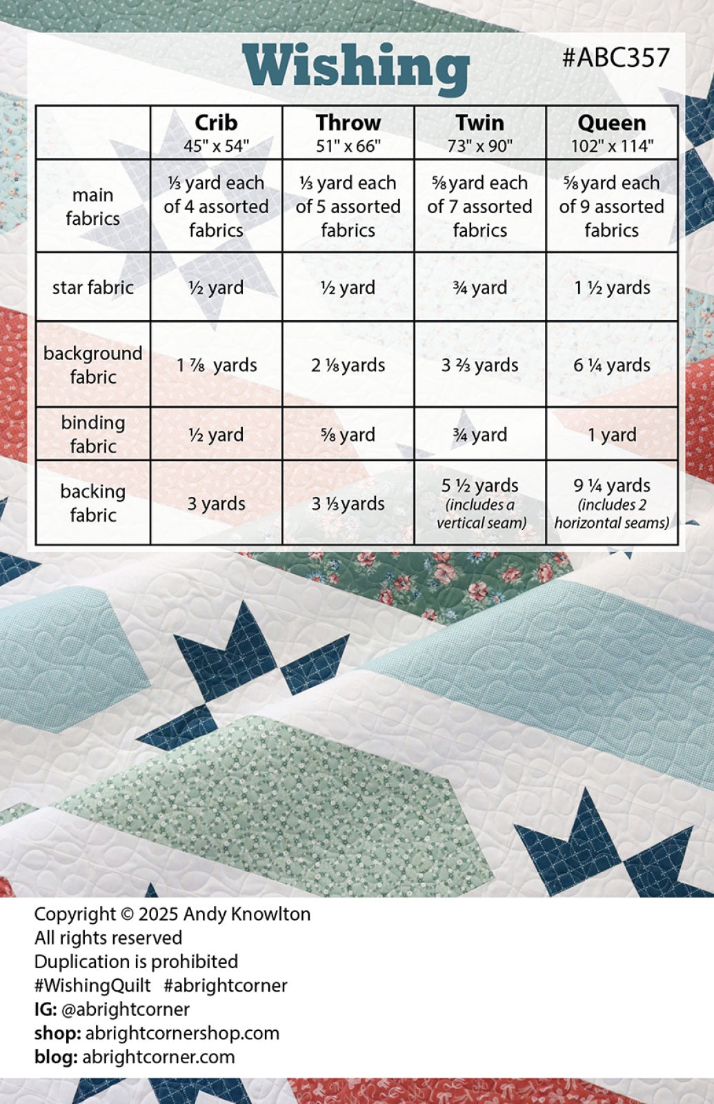 Back of the Wishing Quilt Pattern by A Bright Corner