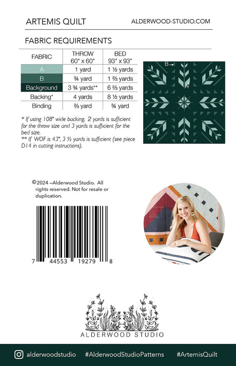 Back of the Artemis Quilt Pattern by Alderwood Studio Patterns