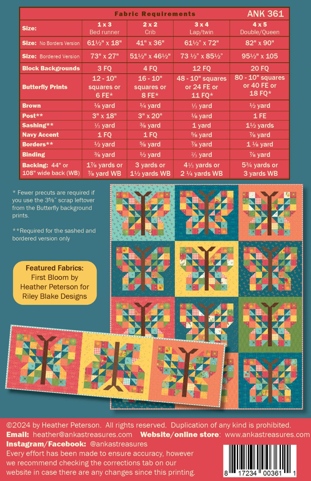 Back of the Mariposa Quilt Pattern by Anka's Treasures