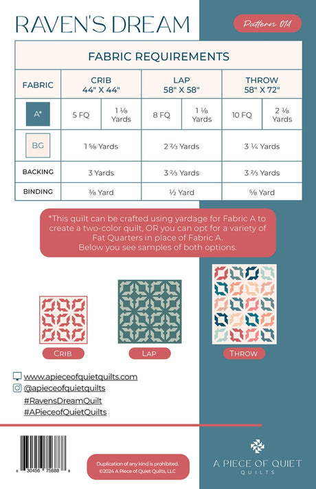 Back of the Raven's Dream Quilt Quilt Pattern by A Piece Of Quiet Quilts