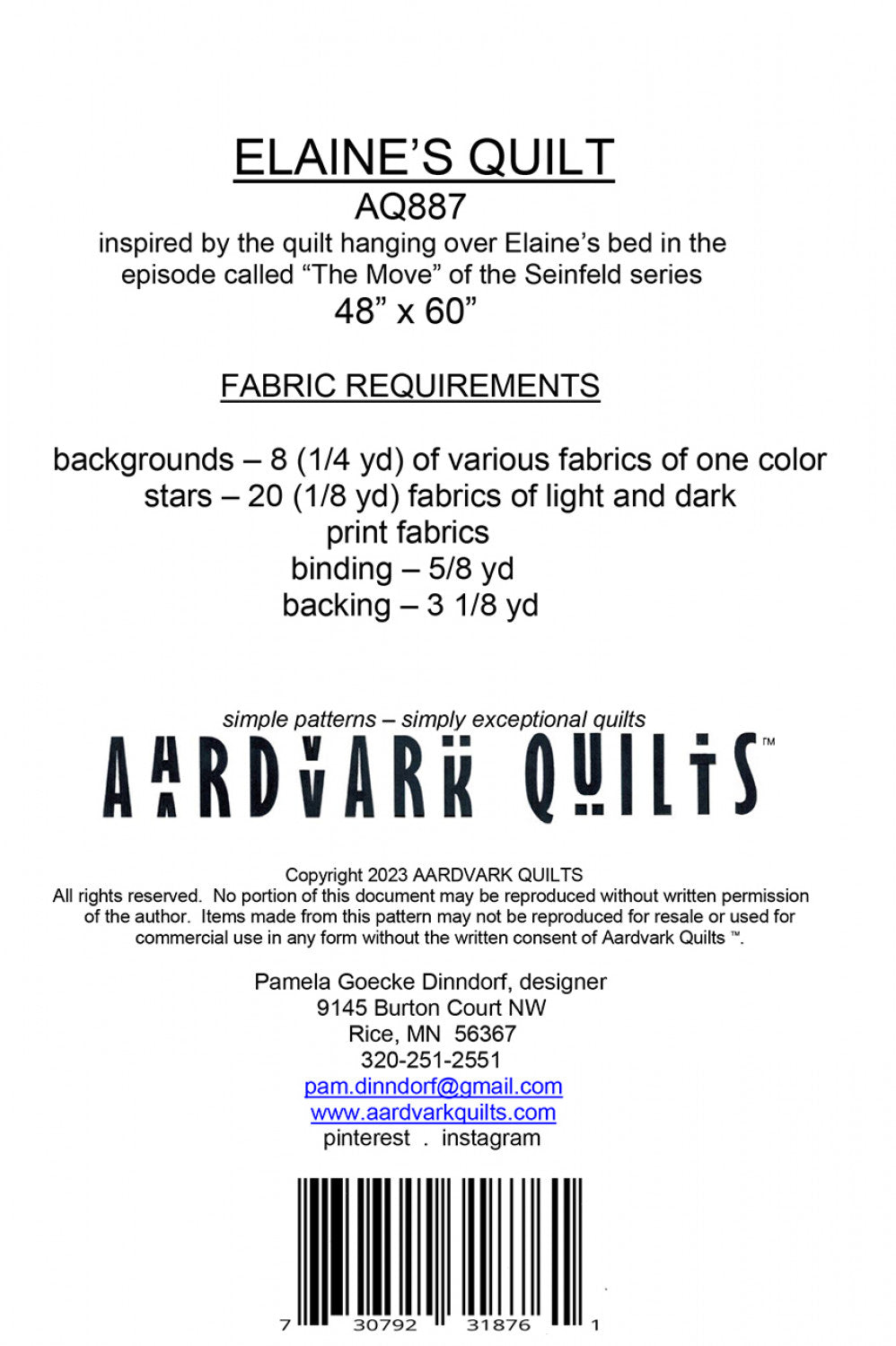 Back of the Elaine's Quilt Pattern by Aardvark Quilts