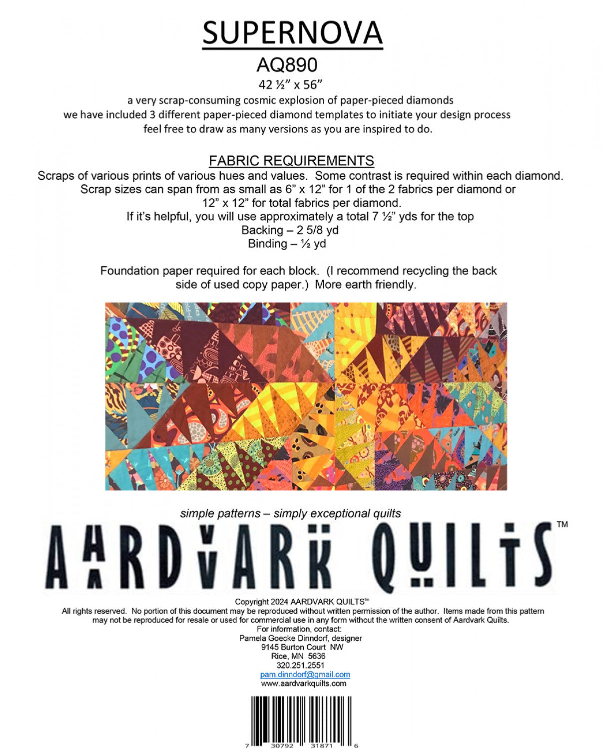 Back of the Supernova Quilt Pattern by Aardvark Quilts