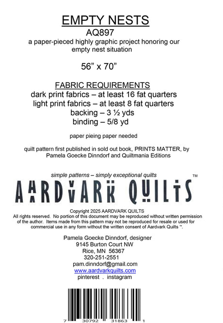 Back of the Empty Nests Quilt Pattern by Aardvark Quilts