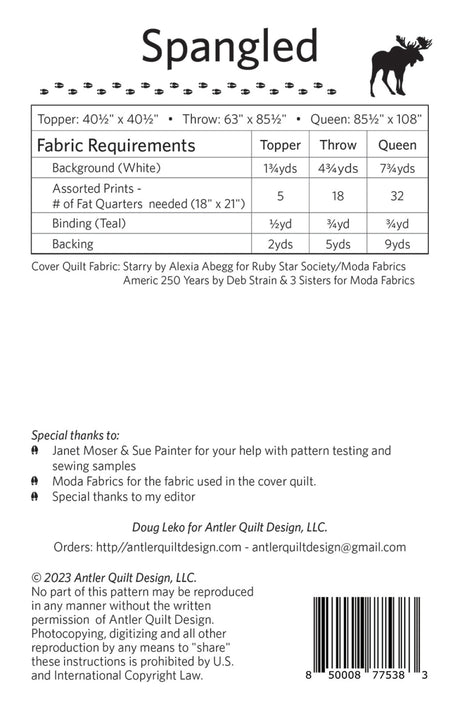Back of the Spangled Quilt Pattern by Antler Quilt Design