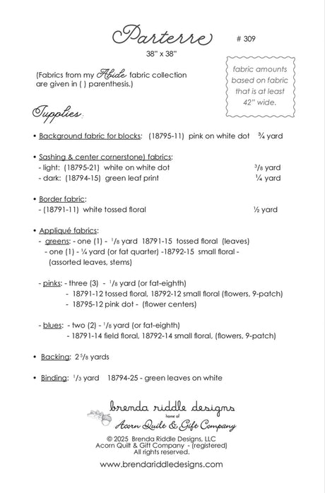 Back of the Parterre Quilt Pattern by Acorn Quilt & Gift Company