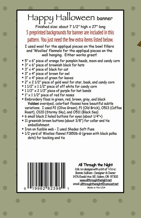 Back of Happy Halloween Banner Pattern - All Through The Night