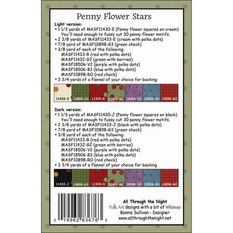 Back of Penny Flower Stars Quilt Pattern - All Through the Night - 60" x 72"