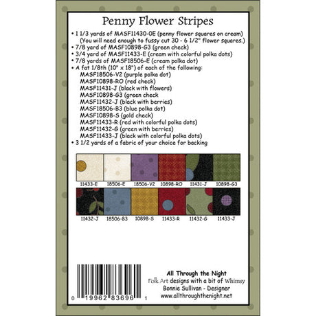 Back of the Penny Flower Stripes quilt pattern by All Through the Night