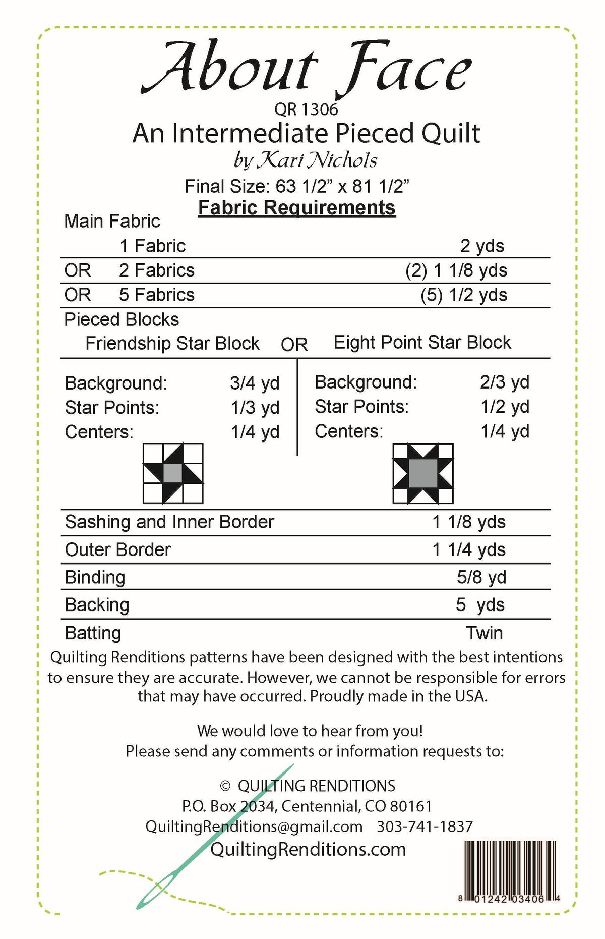 Back of the About Face Downloadable Pattern by Quilting Renditions