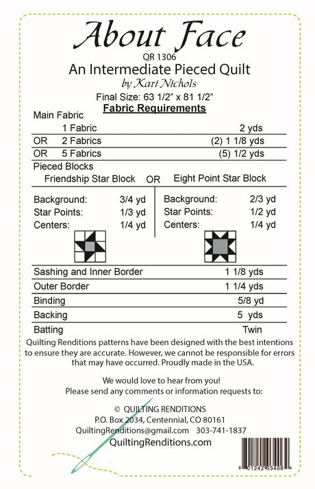Back of the About Face Downloadable Pattern by Quilting Renditions