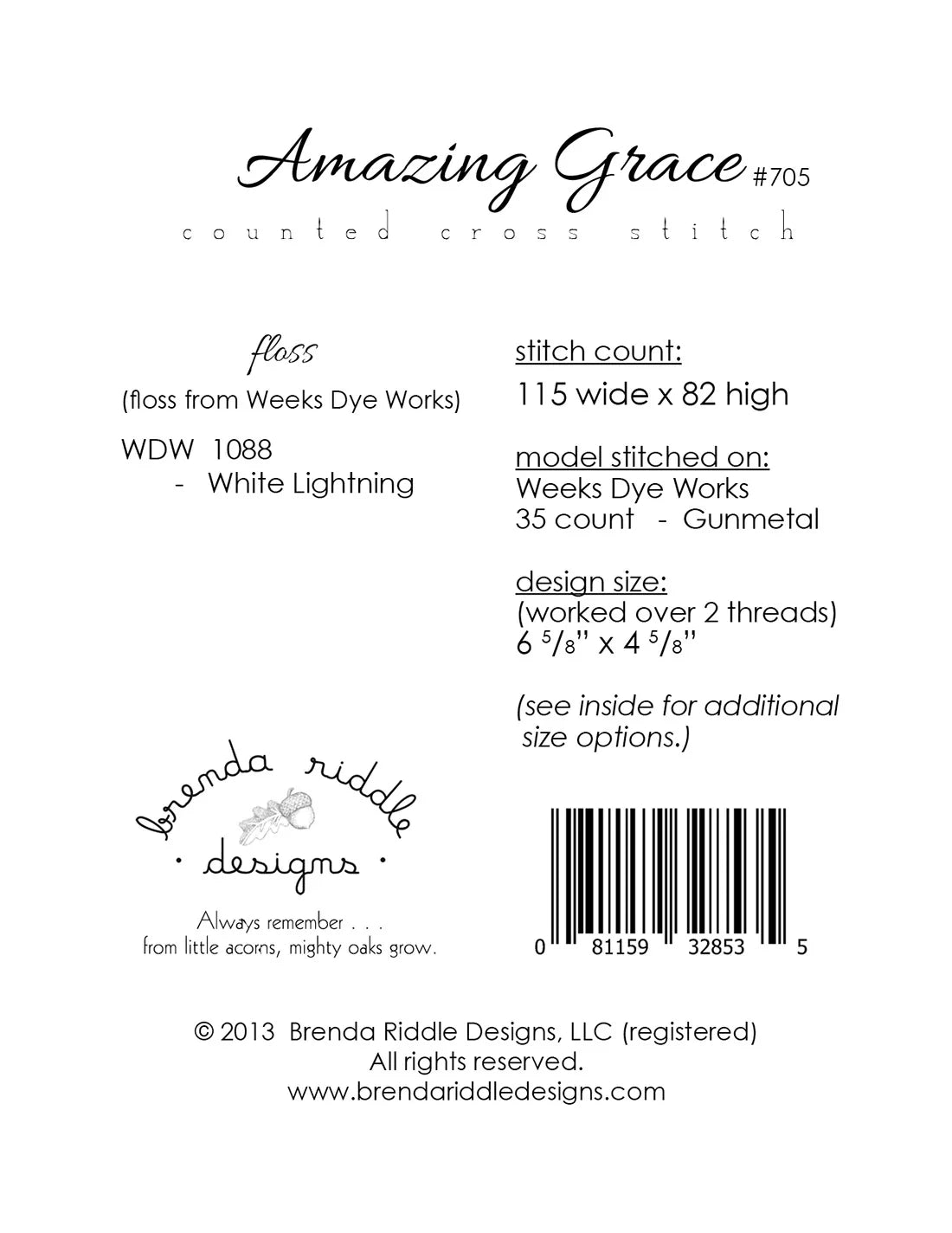 Back of the Amazing Grace Cross-Stitch Pattern by Brenda Riddle Designs