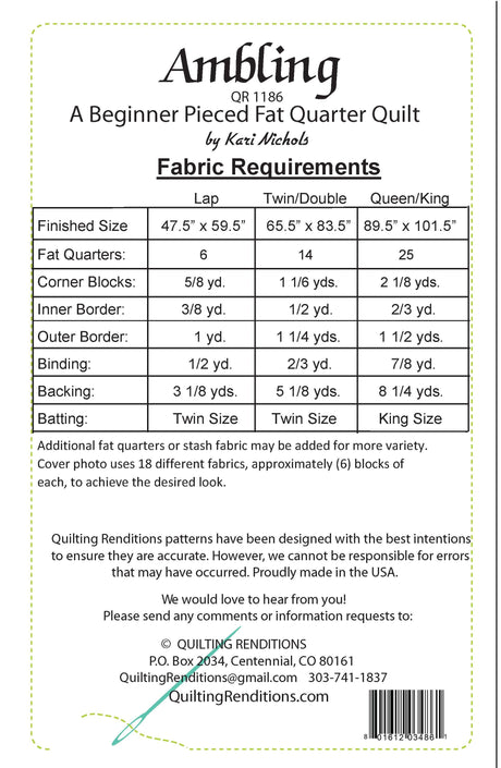Back of the Ambling Pattern by Quilting Renditions