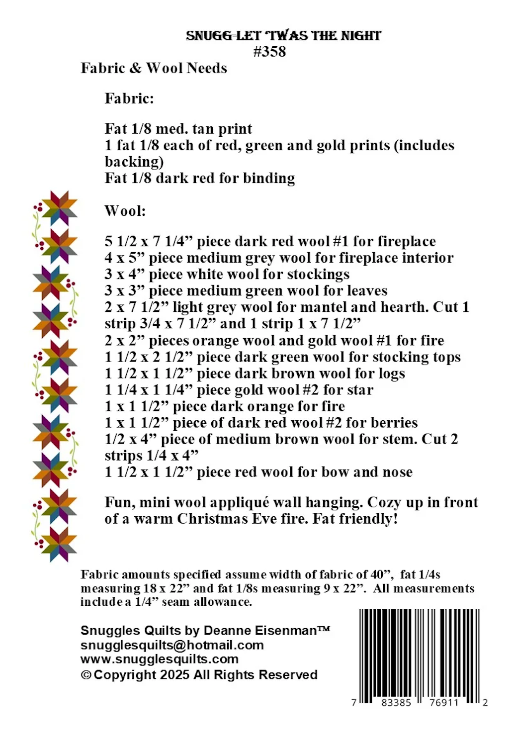 Back of the Snugg-let 'Twas the Night Downloadable Pattern by Snuggles Quilts