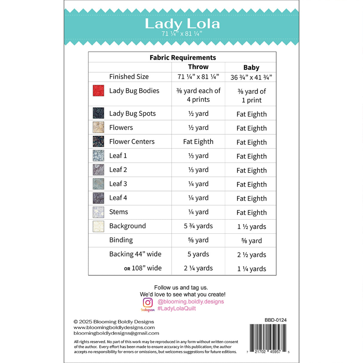 Back of the Lady Lola Quilt Pattern by Blooming Boldly