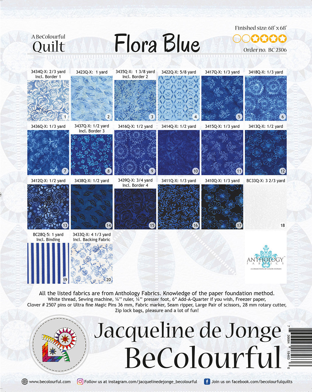 Back of the Flora Blue Quilt Pattern by Becolourful By Jacqueline De Jonge