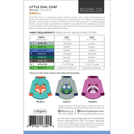 Back of the Little Owl Coat quilt pattern by Bound Co.