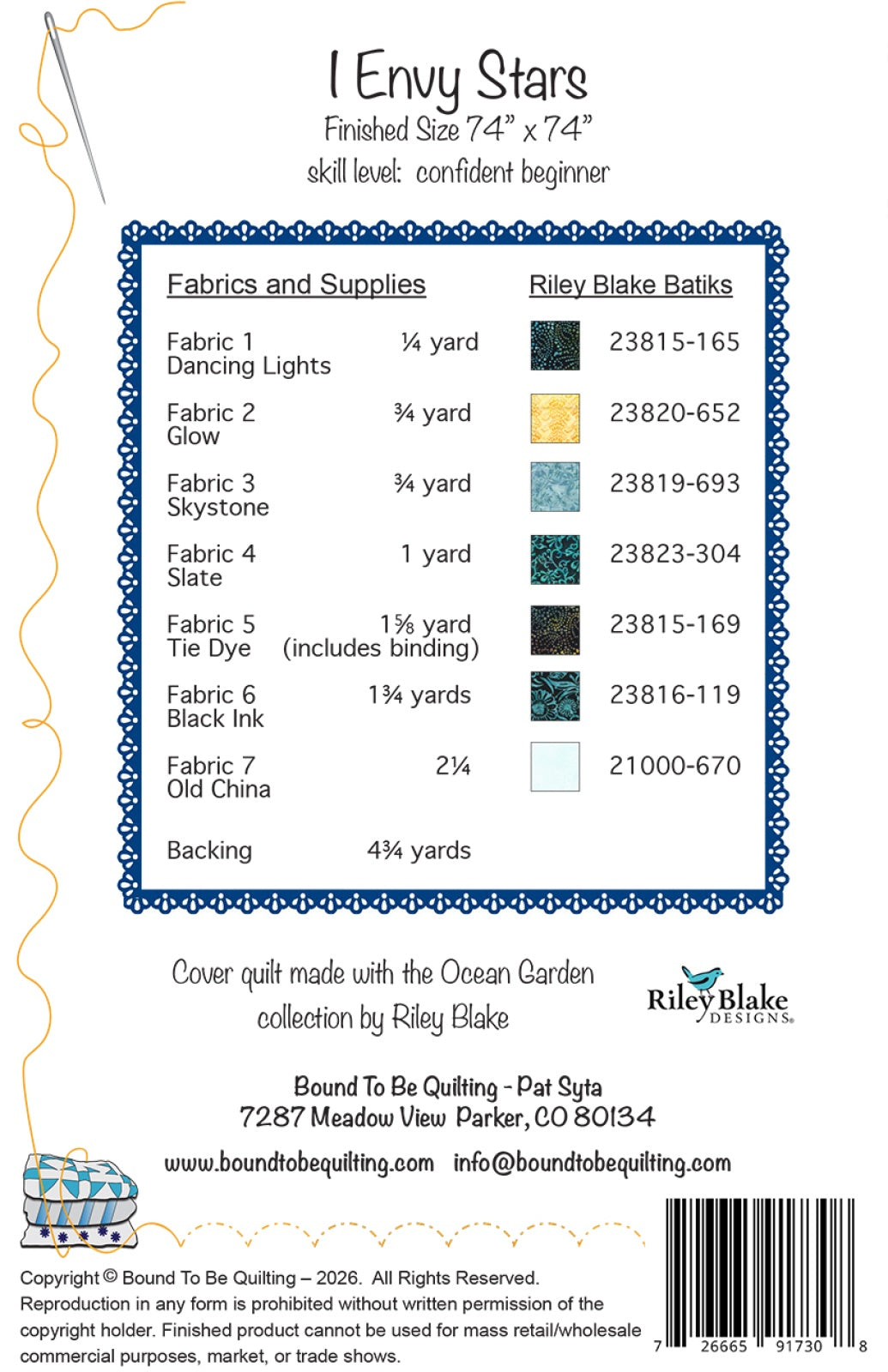 Back of the I Envy Stars Quilt Pattern by Bound To Be Quilting, LLC