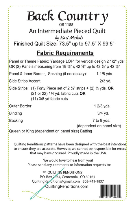 Back of the Back Country Quilt Pattern by Quilting Renditions