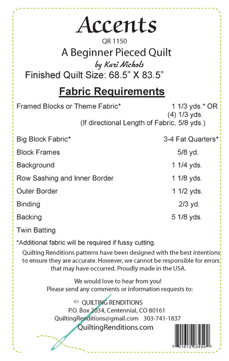 Back of the Accents Downloadable Pattern by Quilting Renditions