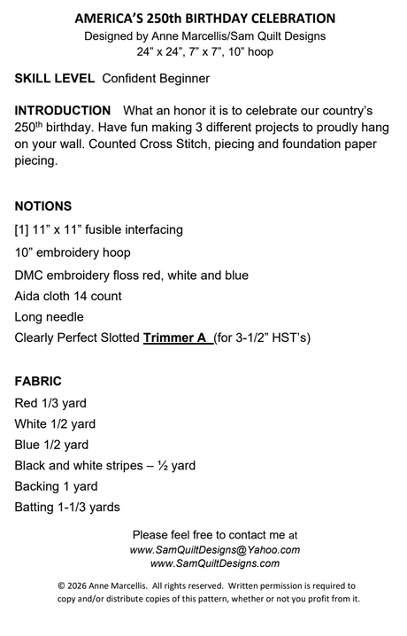 Back of the America's 250th Birthday Celebration Downloadable Pattern by Sam Quilt Designs