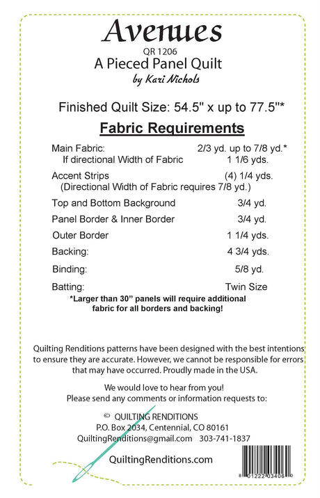 Back of the Avenues Downloadable Pattern by Quilting Renditions