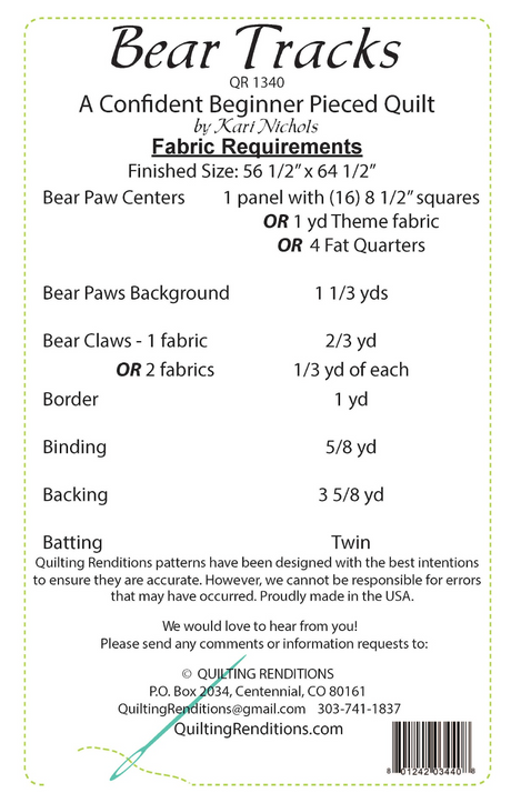 Back of the Bear Tracks Downloadable Pattern by Quilting Renditions