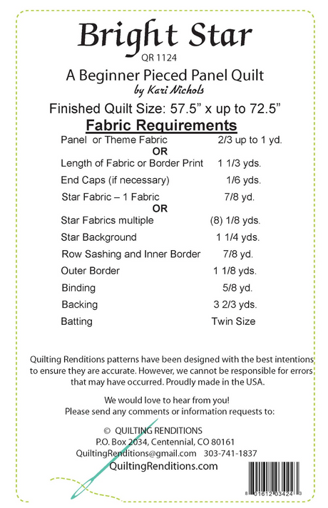 Back of the Bright Star Pattern by Quilting Renditions