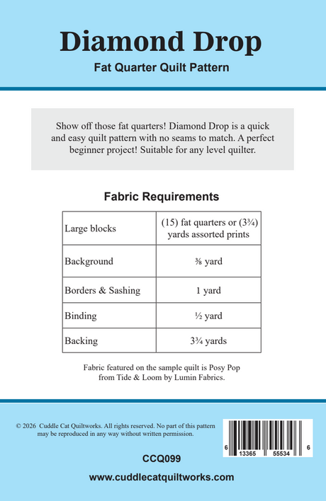 Back of the Diamond Drop Downloadable Pattern by Cuddle Cat Quiltworks