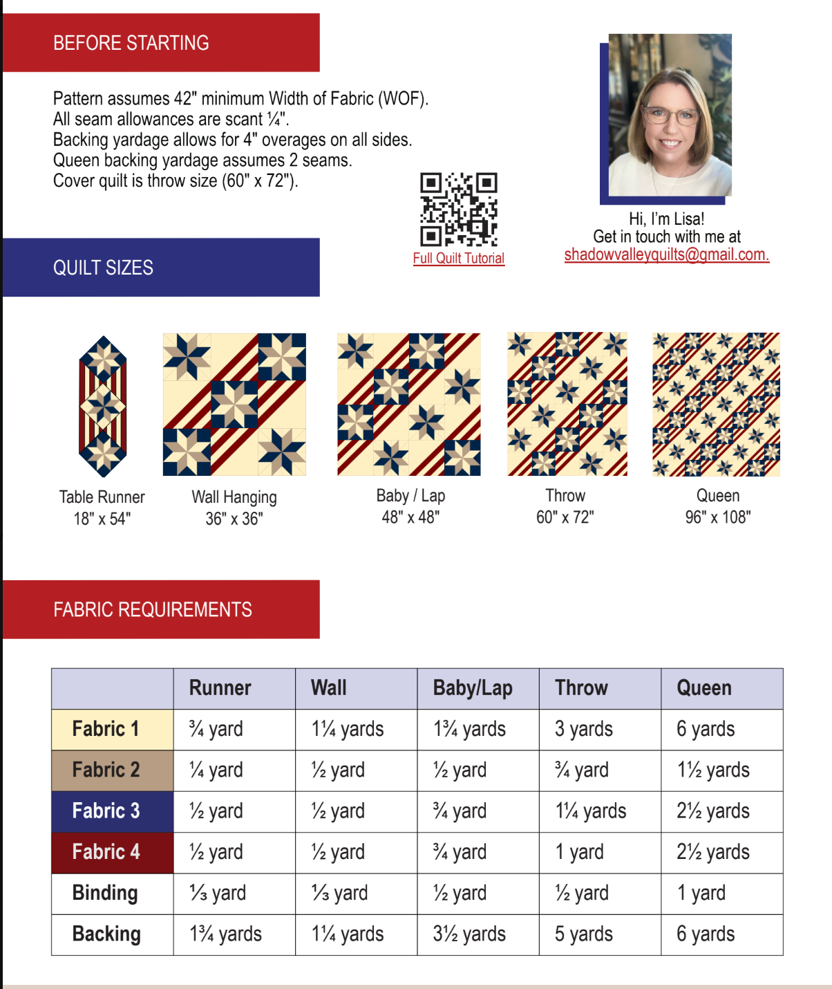 Back of the Fifty Nifty Downloadable Pattern by Shadow Valley Quilts 