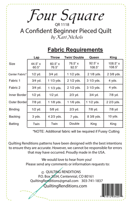 Back of the Four Square Pattern by Quilting Renditions