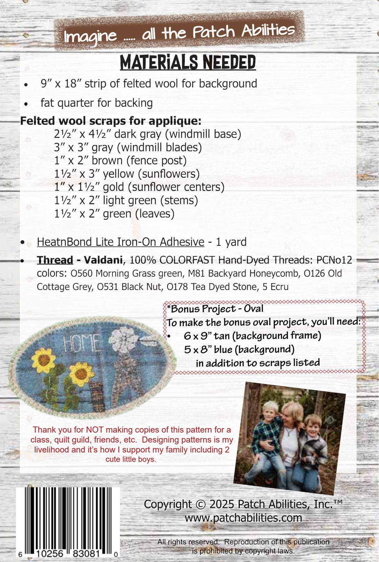 Back of the Home Windmill 'lil Woolie Runner Downloadable Pattern by Patch Abilities - Patterns