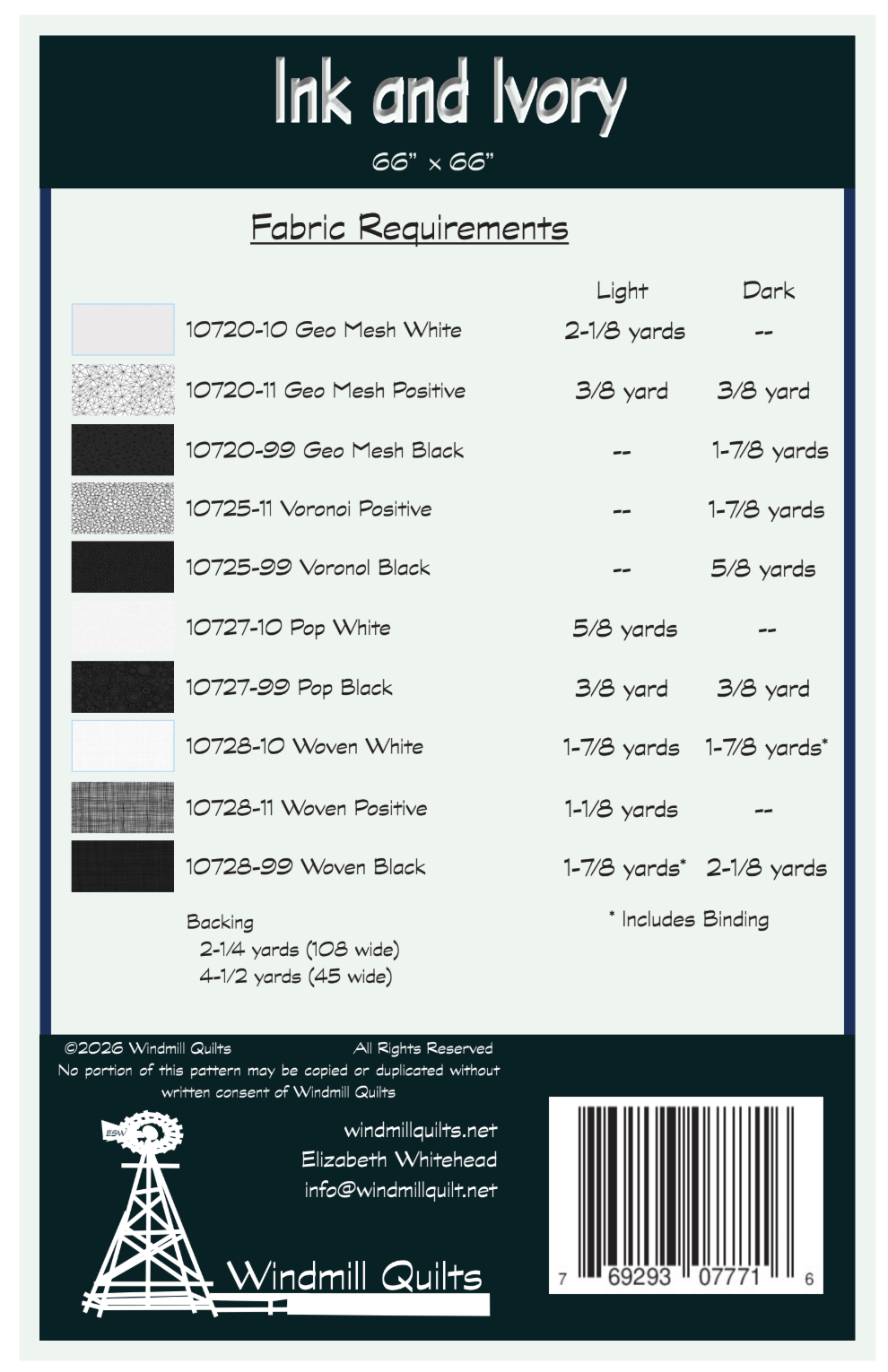 BAck of the Ink and Ivory Downloadable Pattern by Windmill Quilts