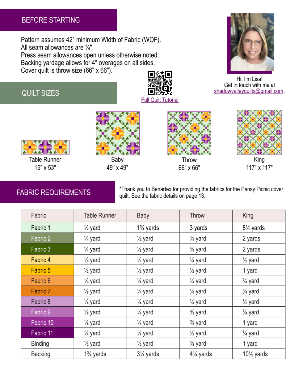Back of the Pansy Picnic Downloadable Pattern by Shadow Valley Quilts