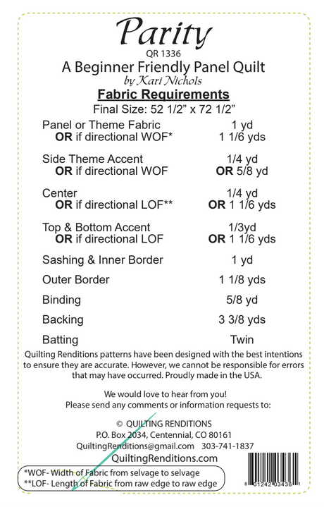 Back of the Parity Downloadable Pattern by Quilting Renditions