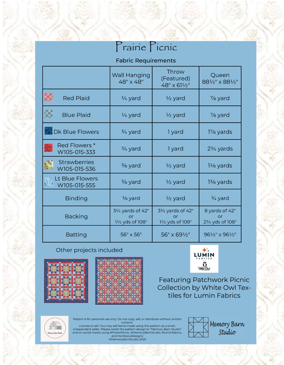 Back of the Prairie Picnic Downloadable Pattern by Memory Bard Studio