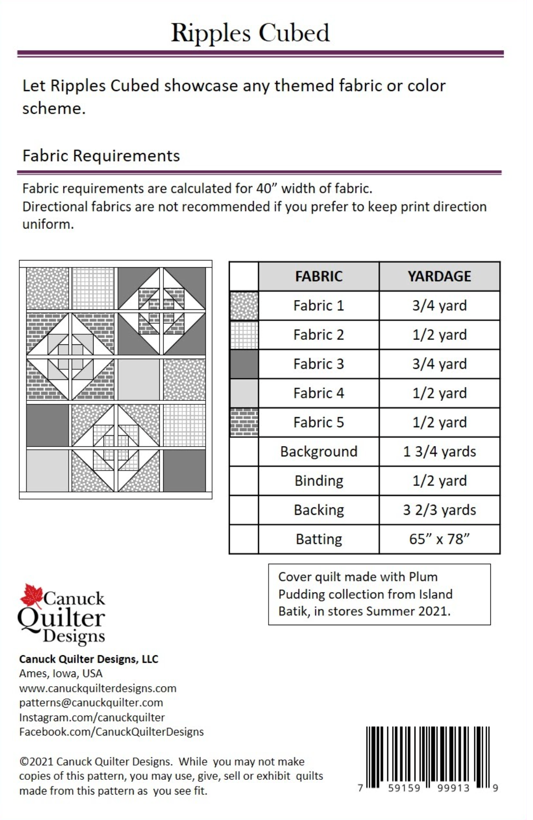 Back of the Ripples Cubed Quilt Pattern by Canuck Quilter Designs