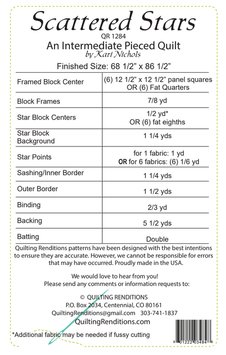 Back of the Scattered Stars Downloadable Pattern by Quilting Renditions