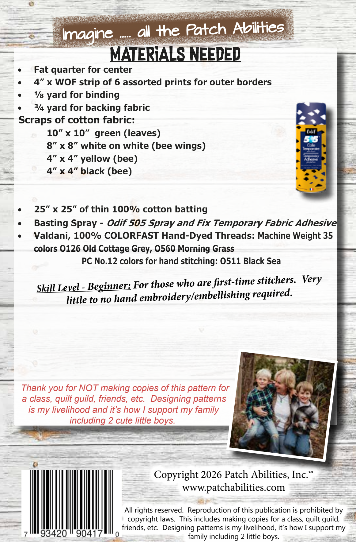 Back of the Sew Bee It Downloadable Pattern by Patch Abilities - Patterns