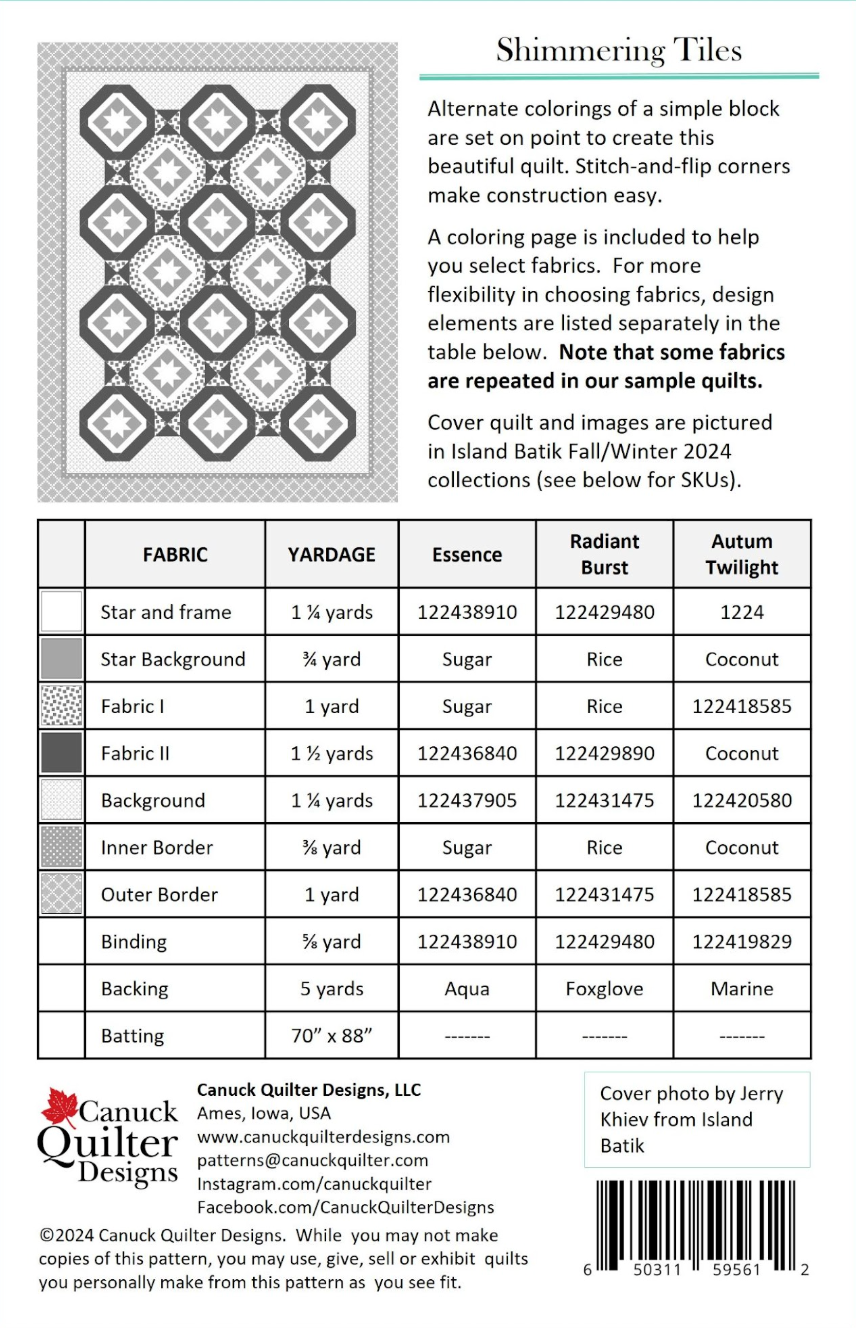 Back of the Shimmering Tiles Quilt Pattern by Canuck Quilter Designs