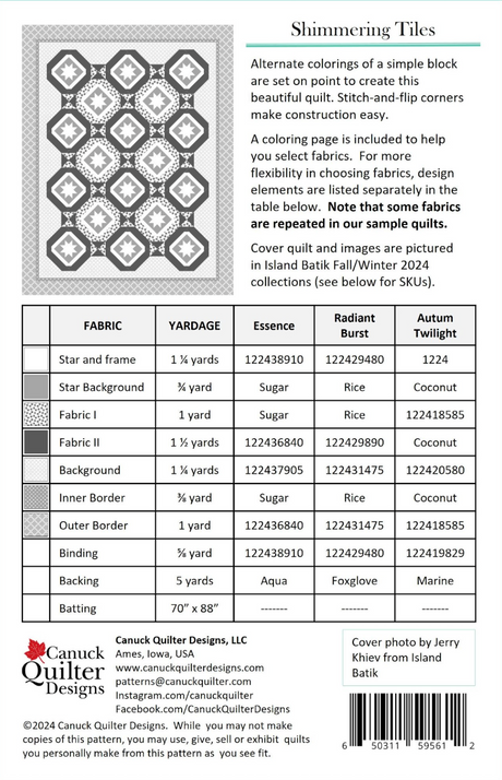 Back of the Shimmering Tiles Quilt Pattern by Canuck Quilter Designs