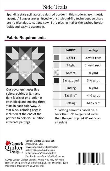 Back of the Side Trails Quilt Pattern by Canuck Quilter Designs