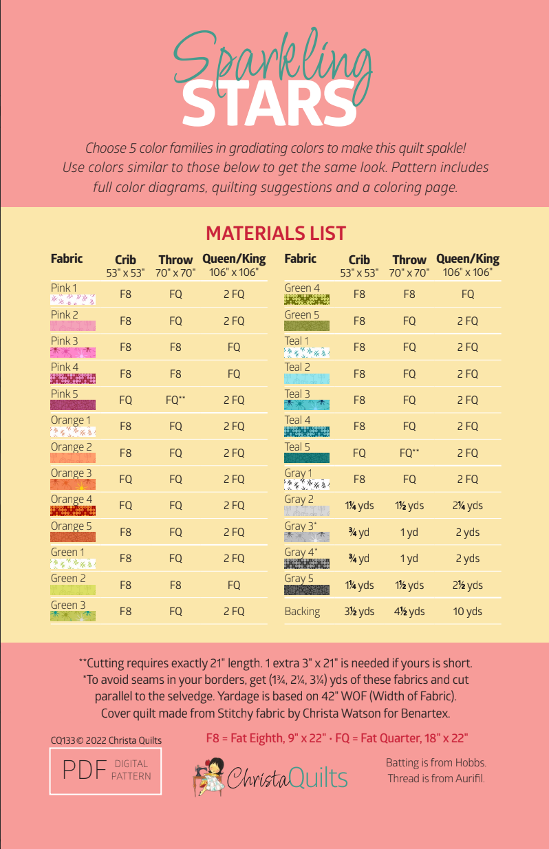 Back of the Sparkling Stars Downloadable Pattern by Christa Quilts